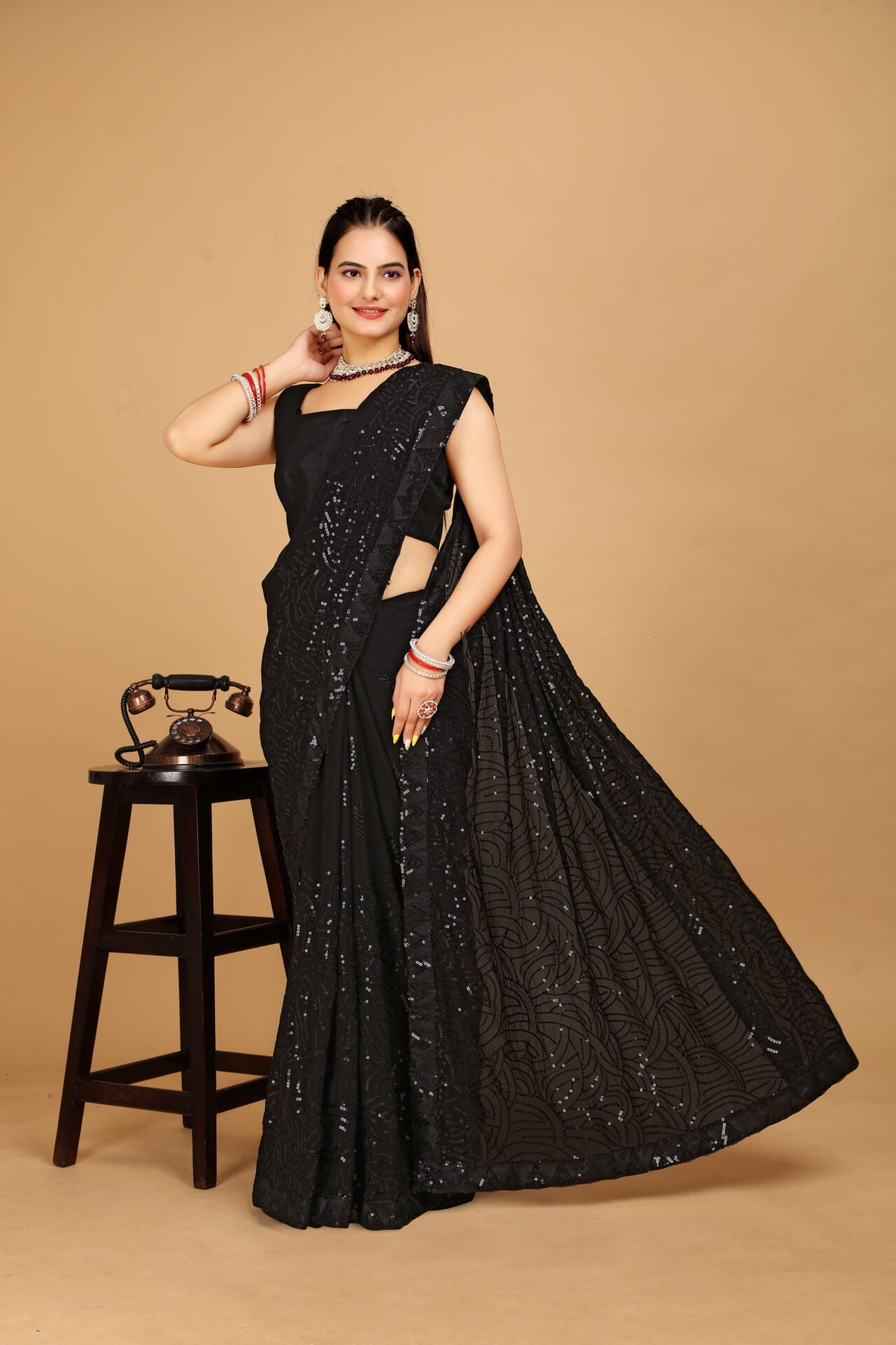 Sequins Designer Black Saree
