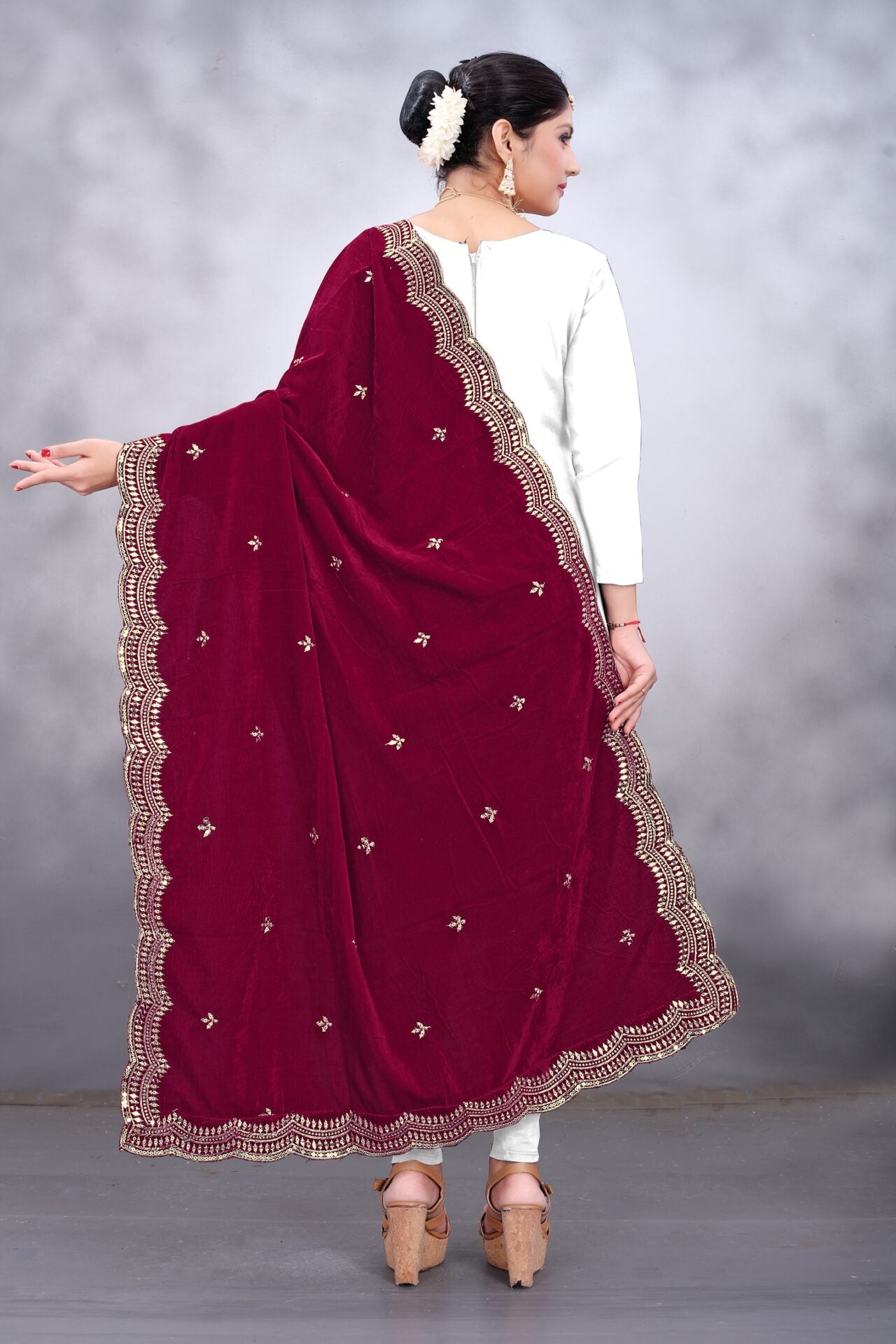 Maroon embroidered velvet Dupatta
