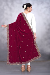 Maroon embroidered velvet Dupatta