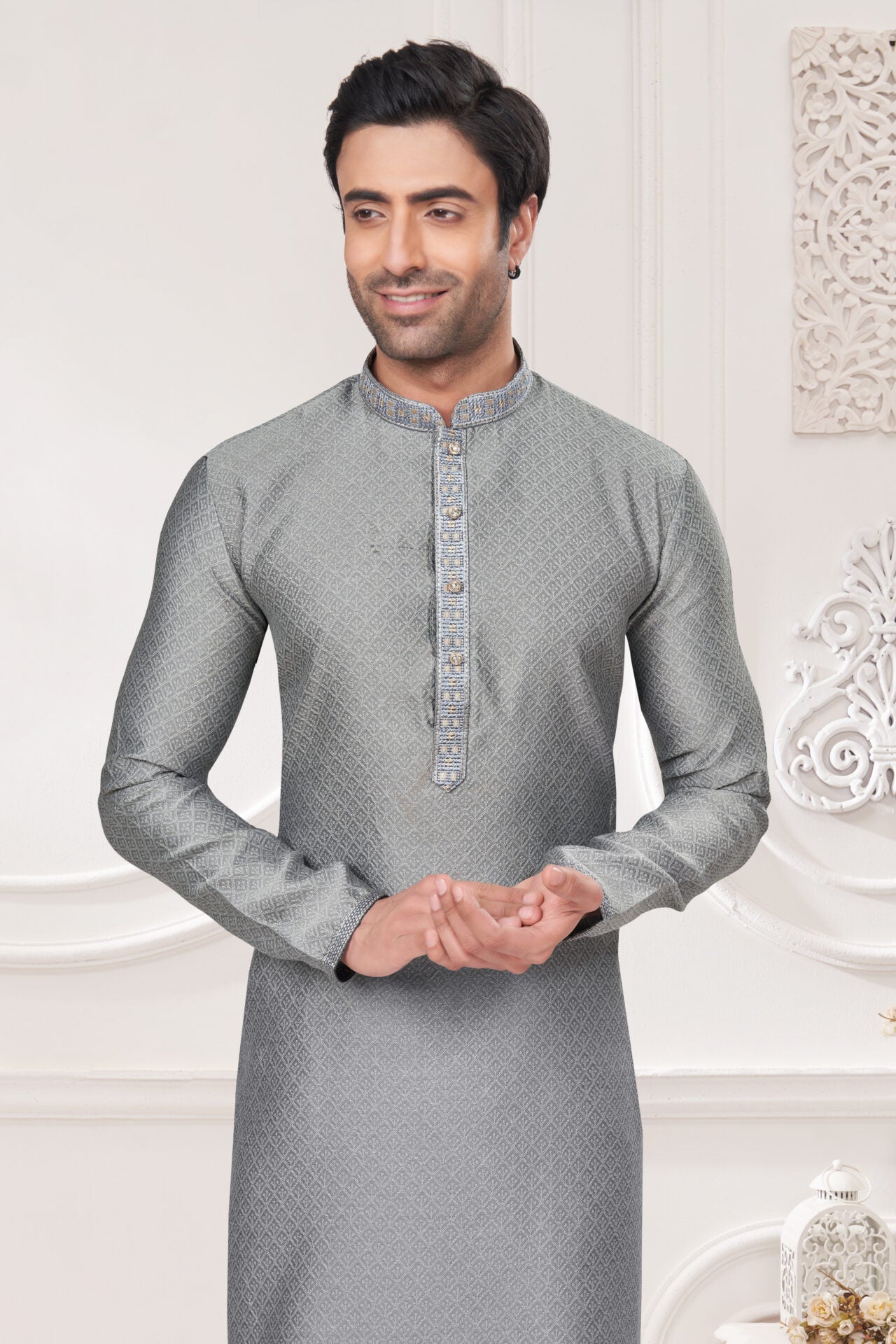 Silver Jacquard Straight Kurta Pajama