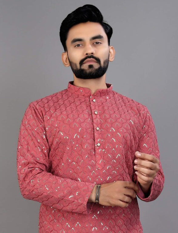 Dusty Red Sequins Chikankari Kurta Pajama