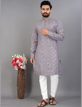 Lilac Embroidered Men Kurta Pajama