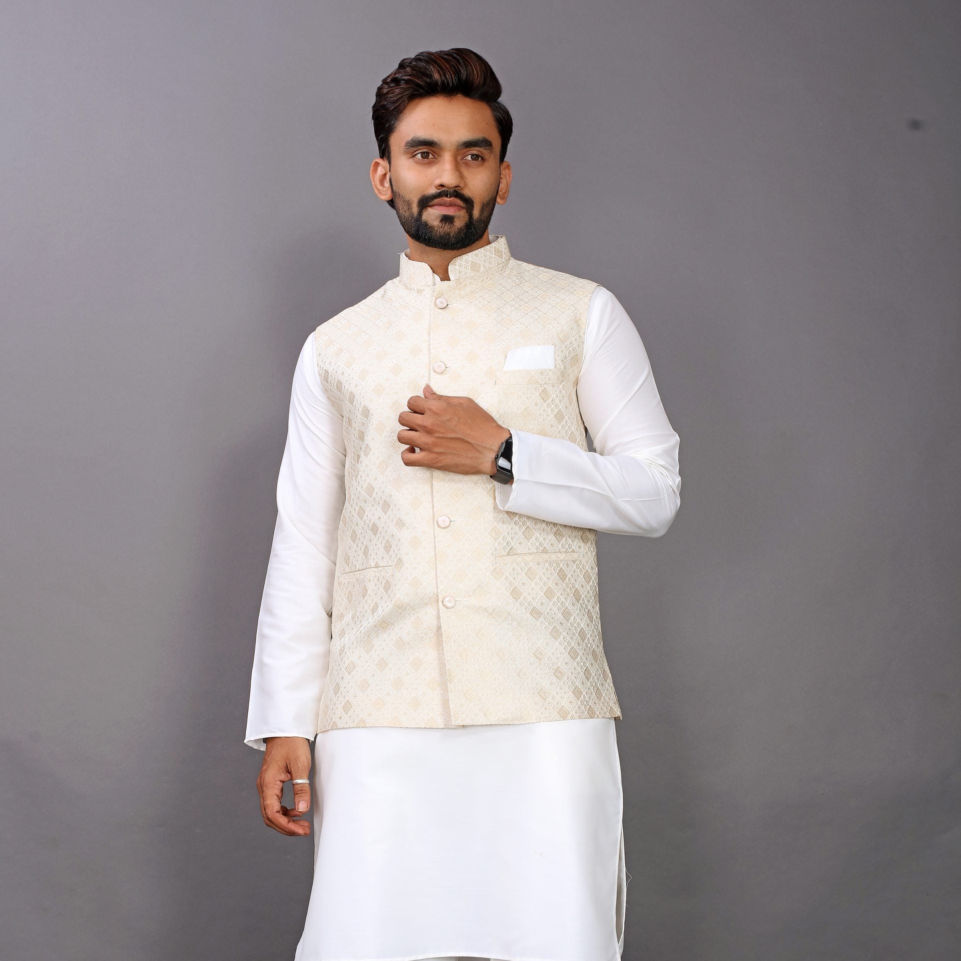 Golden Jacquard Nehru Jacket