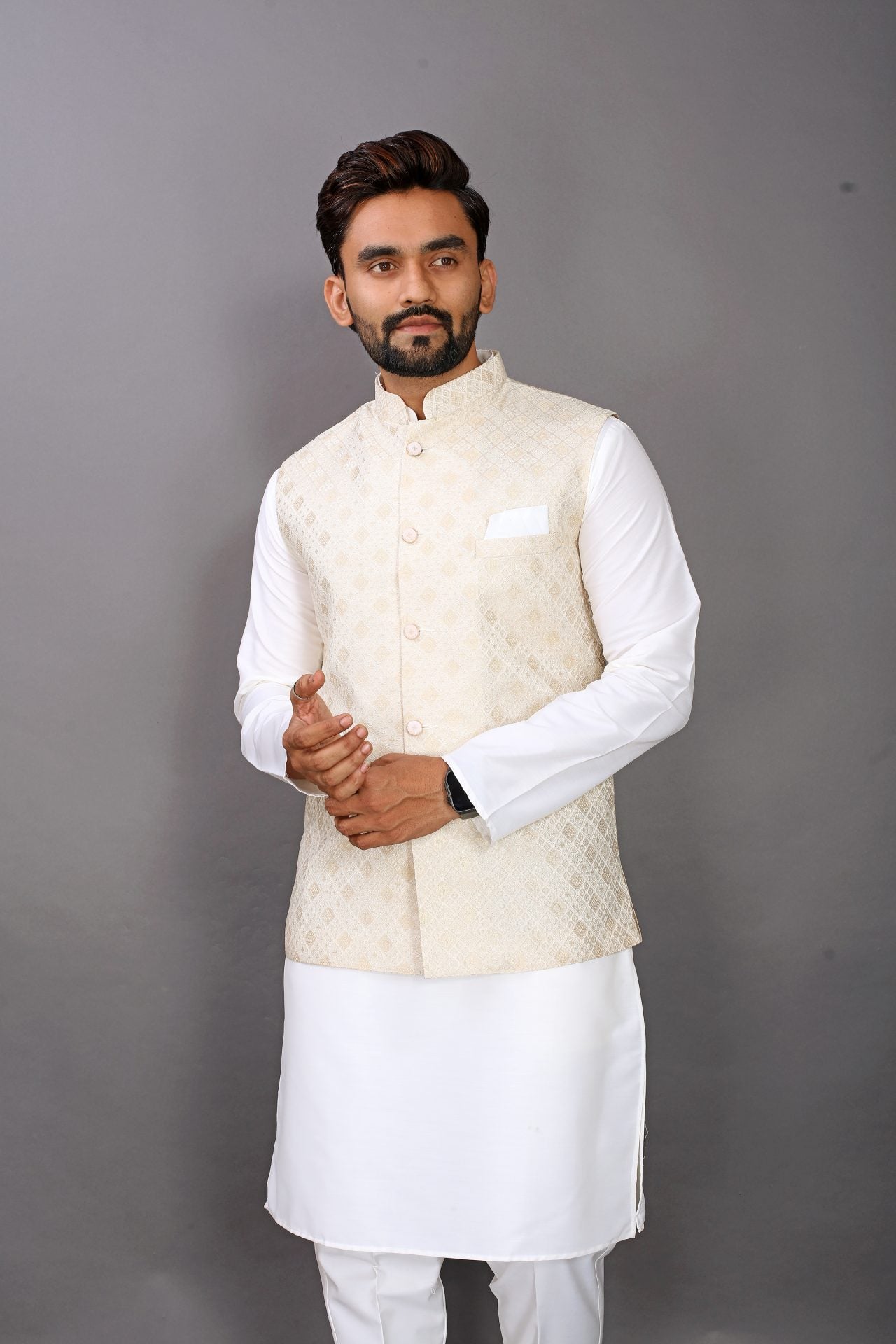 Golden Jacquard Nehru Jacket