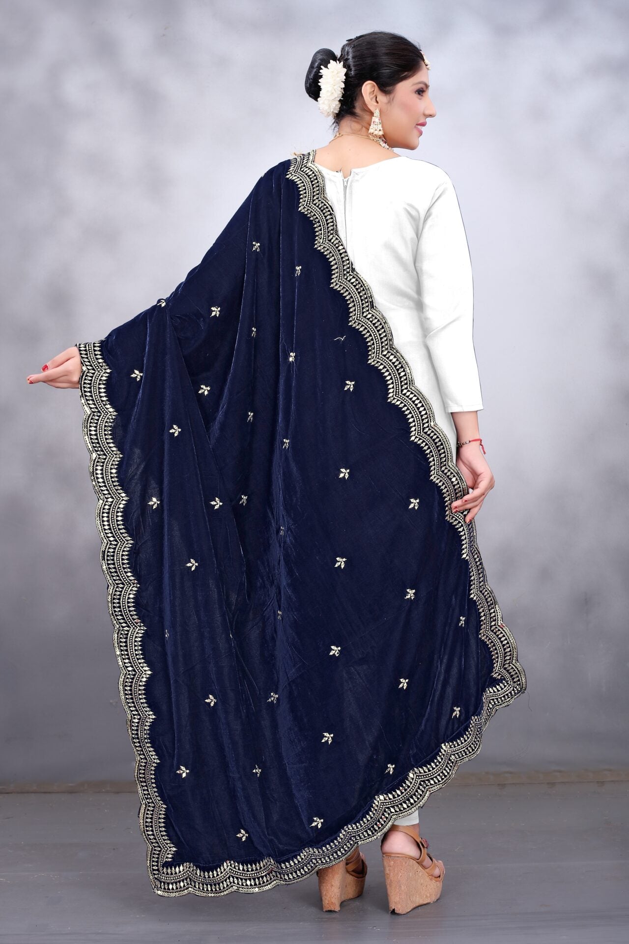 Navy Blue Embroidered Velvet Shawl Women