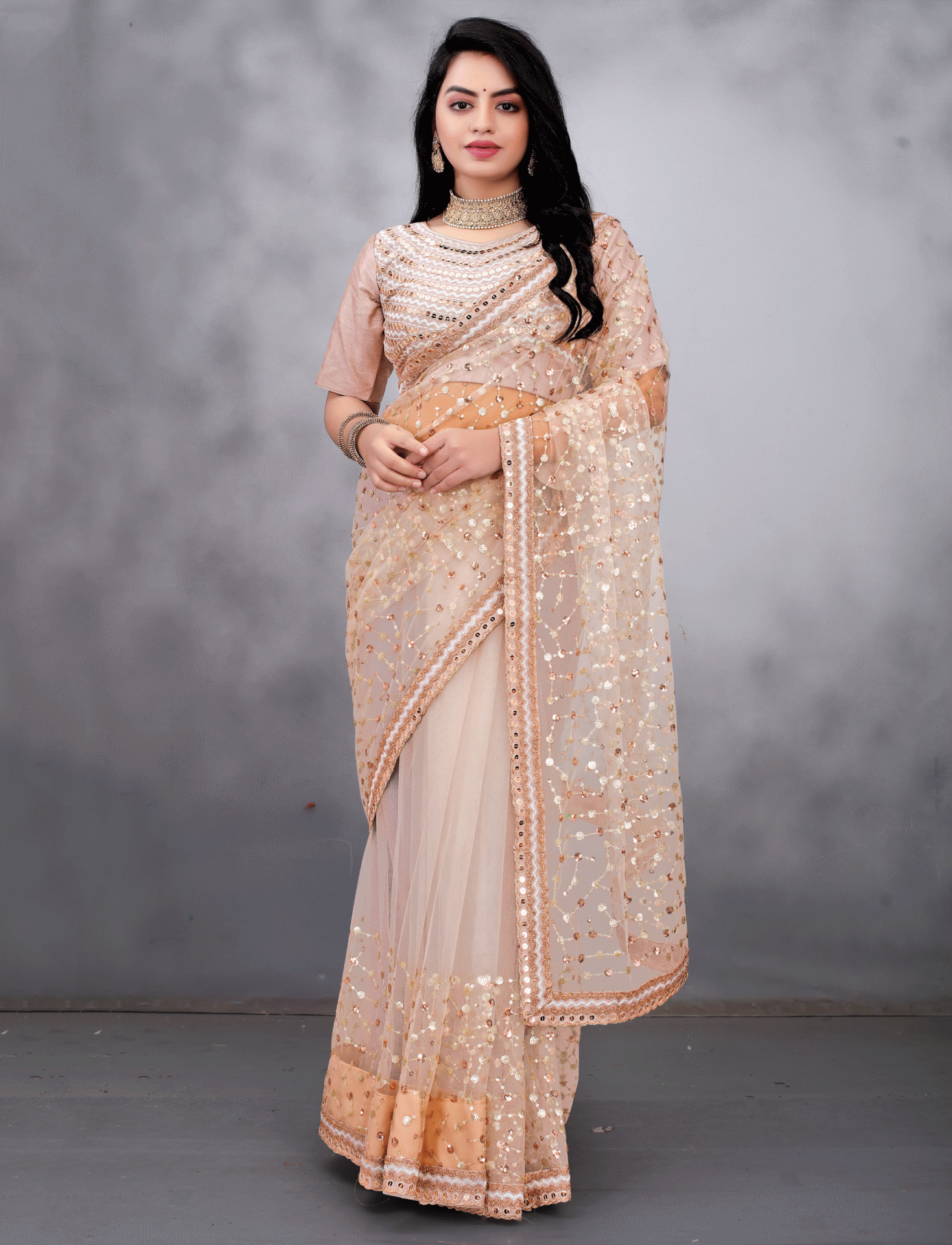 Golden embroidered fully stitched saree