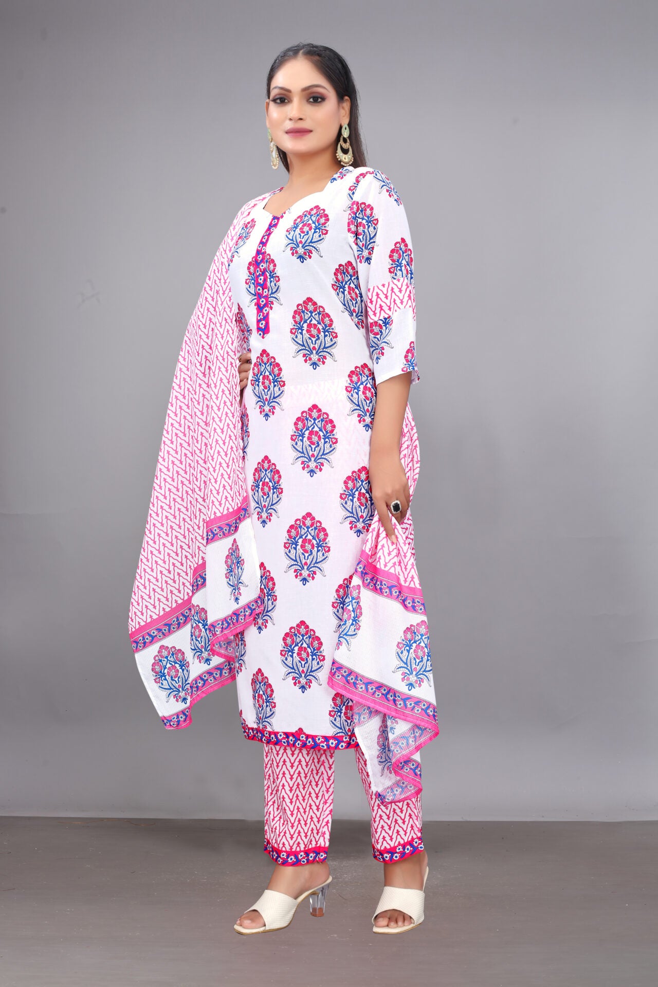 Cotton White Printed Suit Women