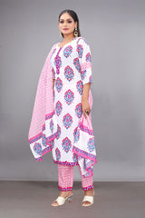 Cotton White Printed Suit Women