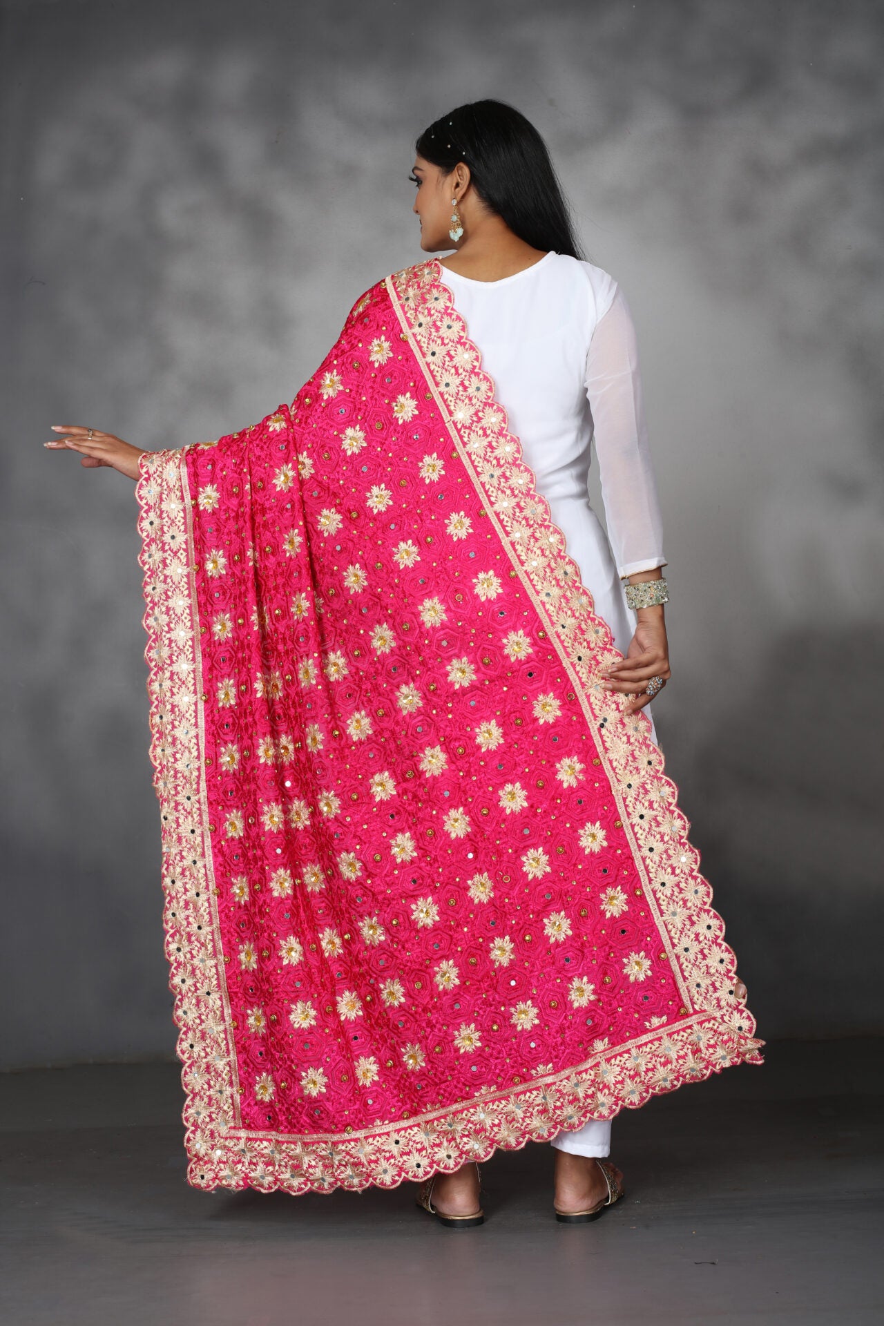 Pink Mirror-work Phulkari Dupatta