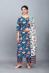 Blue Printed Kurti Set Women