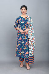 Blue Printed Kurti Set Women
