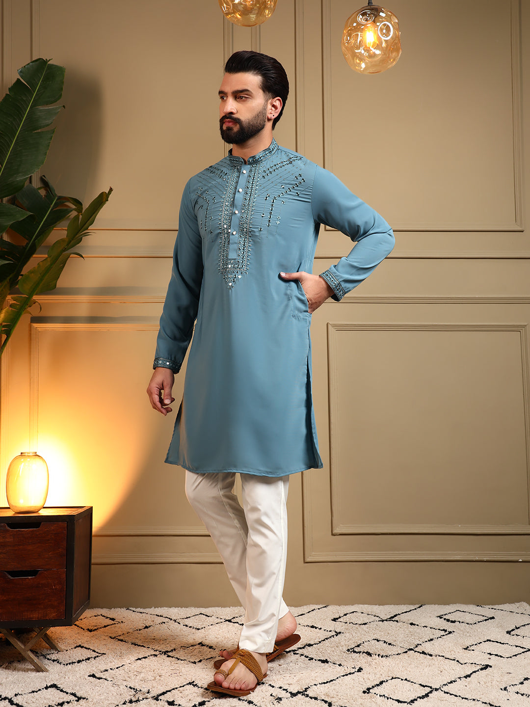 Mens Blue Embroidery Kurta Pajama