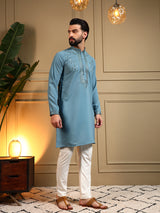 Mens Blue Embroidery Kurta Pajama