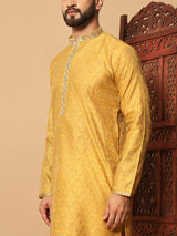 Yellow Jacquard Straight Kurta Pajama Men