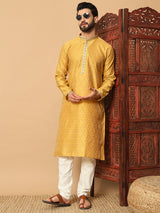 Yellow Jacquard Straight Kurta Pajama Men