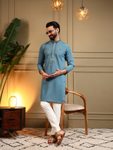 Mens Blue Embroidery Kurta Pajama