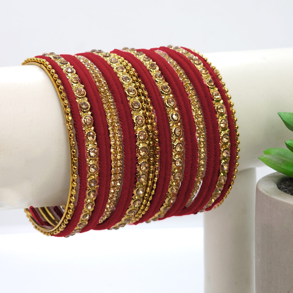 Gold Plated Red Velvet Bangle Set