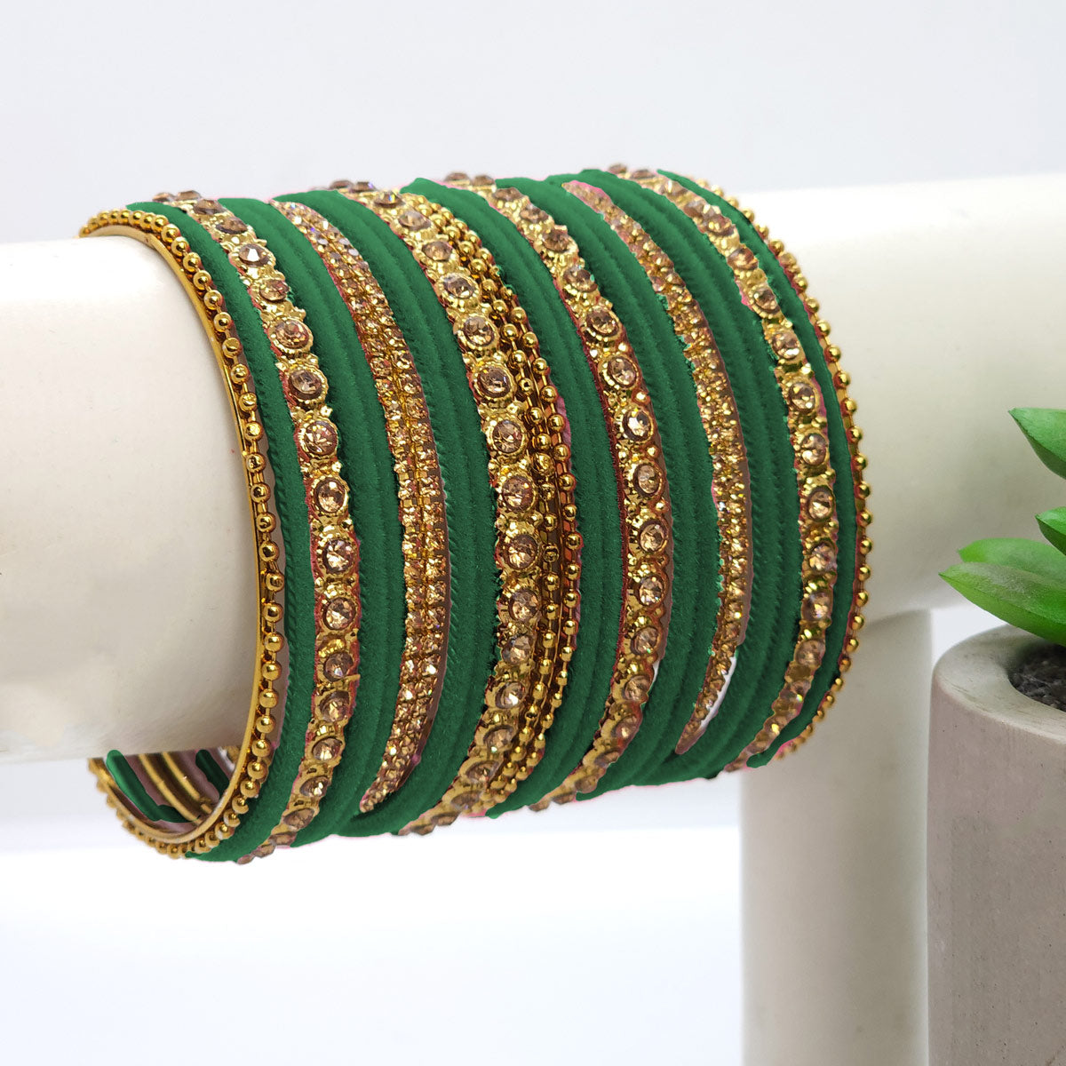 Gold Plated Green Velvet Bangle Set