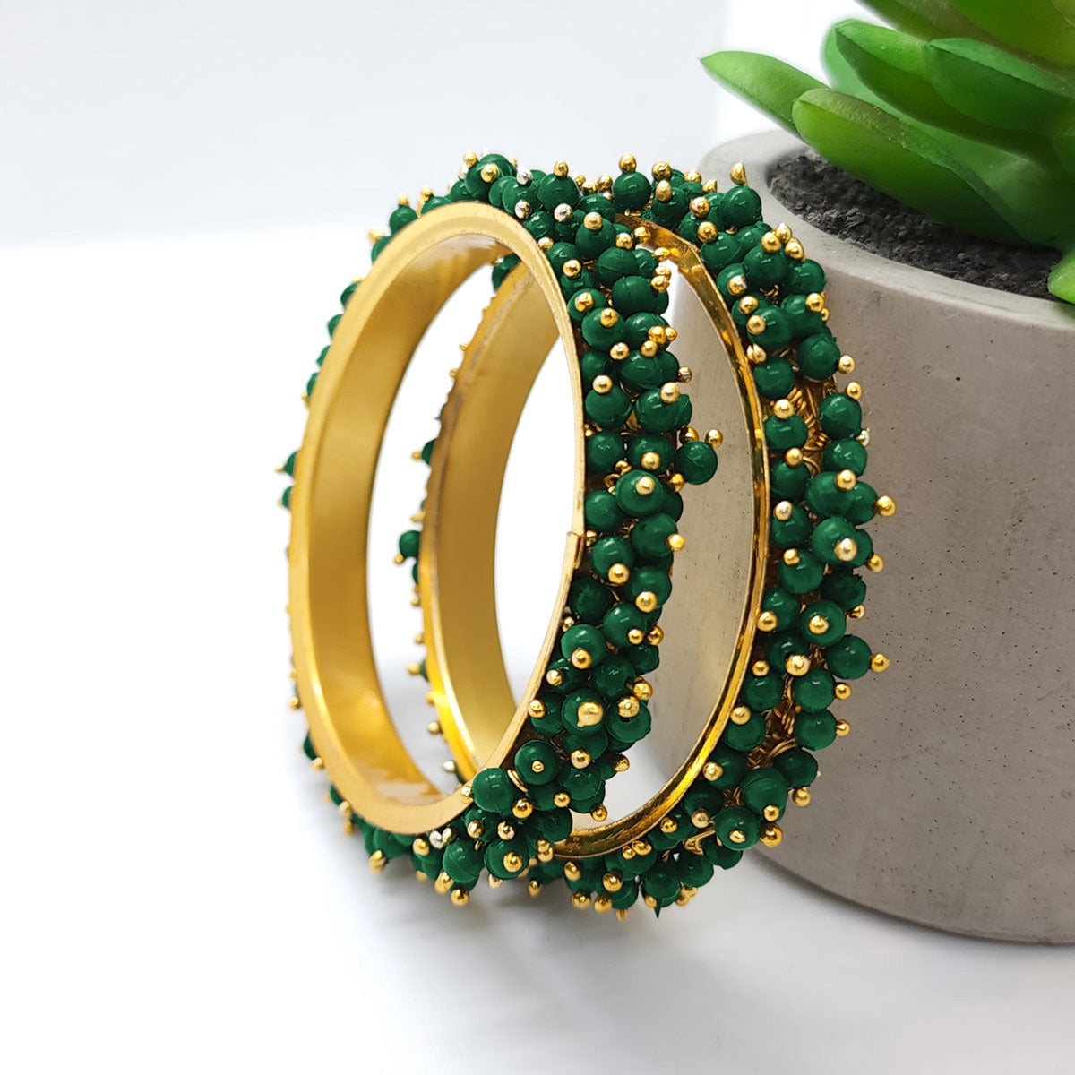 Green Pearl Gold-plated Bangle Set(Pack of 2)