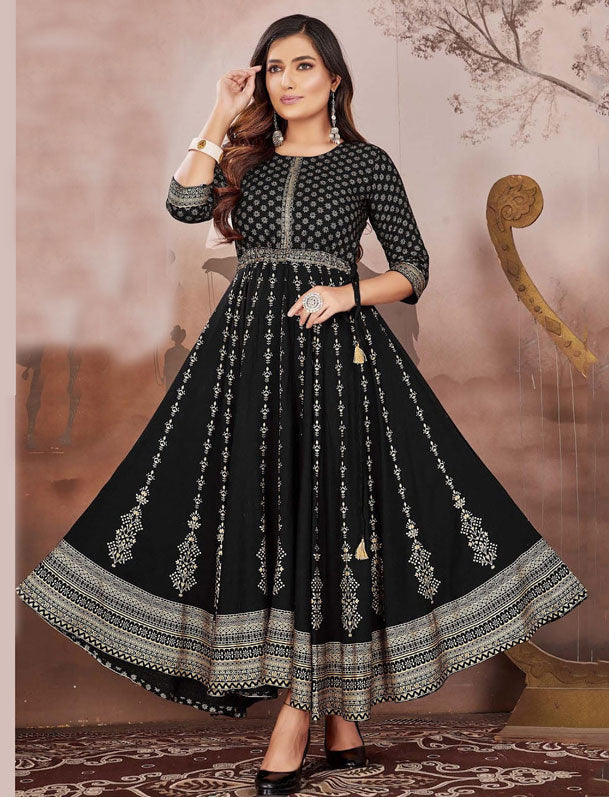 Black Anarkali Printed Kurti