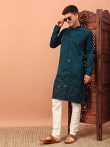 Men Teal Blue Embroidered Kurta Pajama 