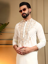 Mens White Embroidered Kurta Pajama