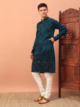 Men Teal Blue Embroidered Kurta Pajama 