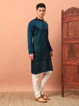 Men Teal Blue Embroidered Kurta Pajama 
