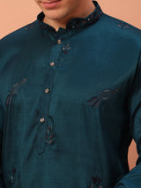 Men Teal Blue Embroidered Kurta Pajama 