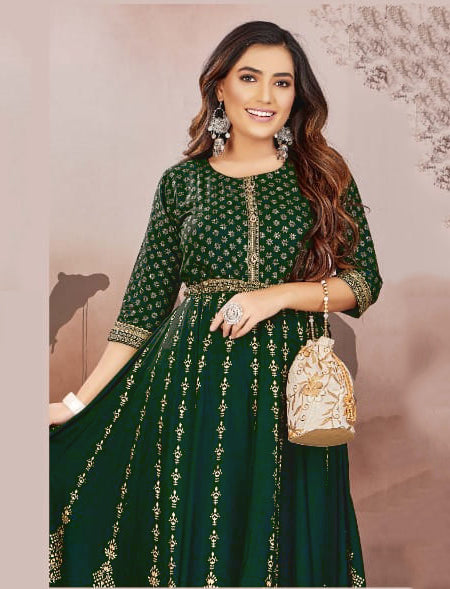 Green Cotton Anarkali Long Kurti