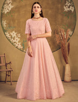 Foil Printed Net Gown in Peach