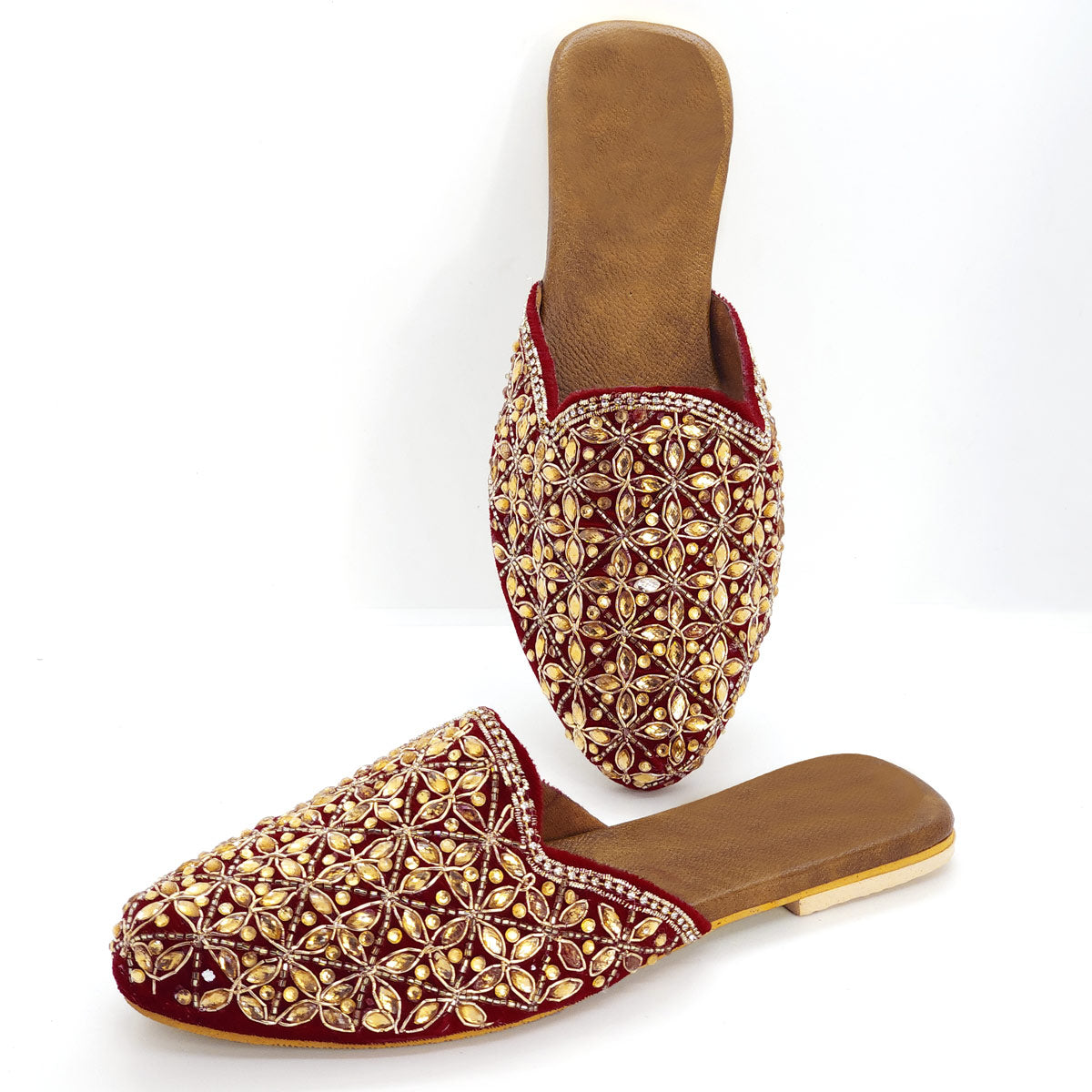Marron Heavy Embroidery Mules