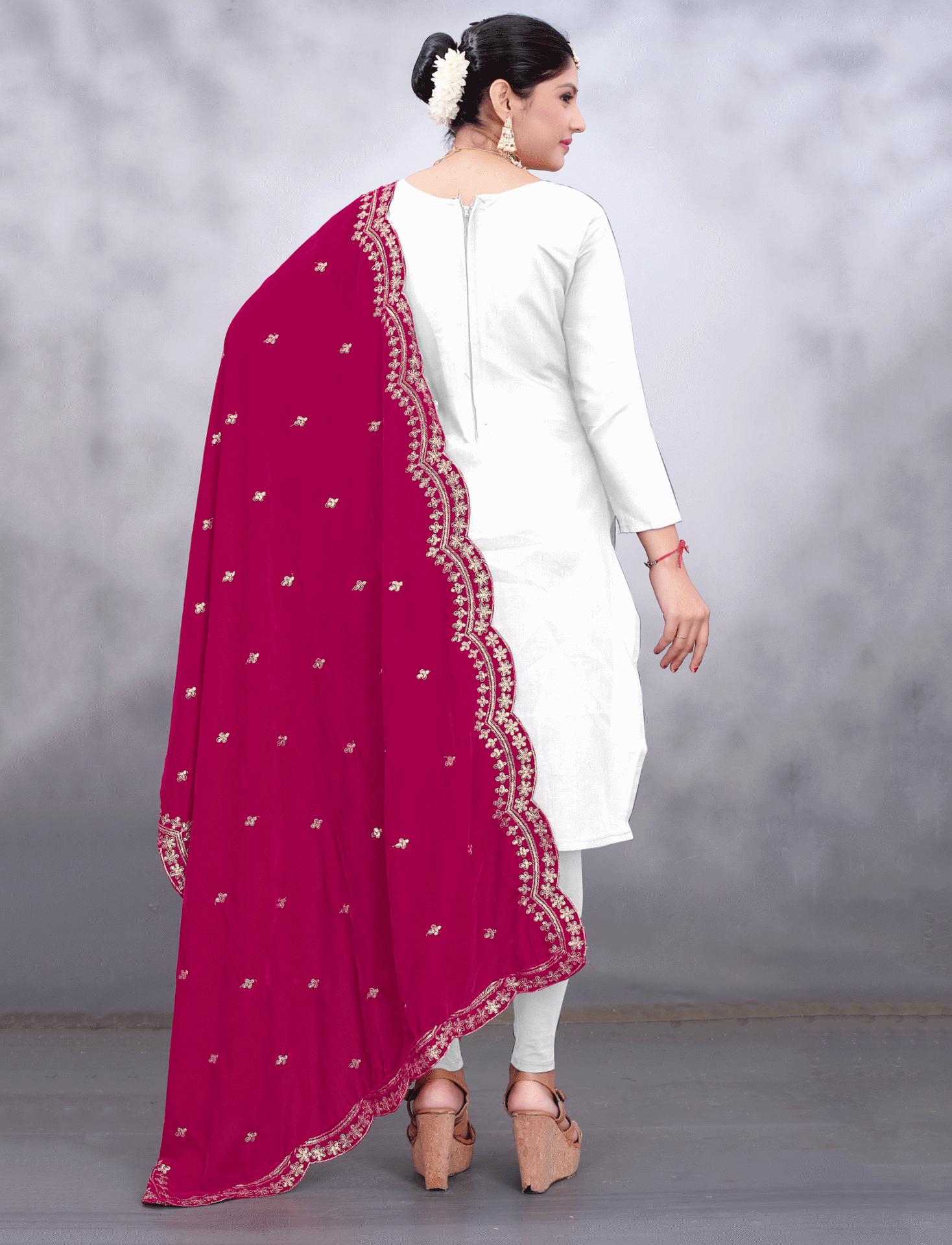 Magenta Embroidered Velvet Phulkari Women