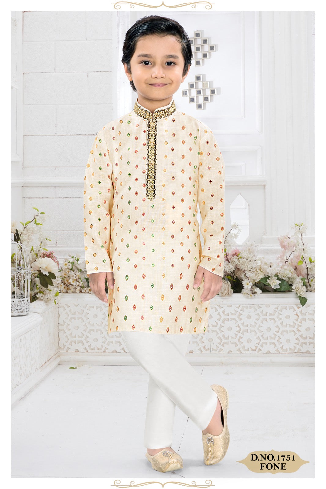 Boys' Elegant Fone Printed Silk Blend Kurta Pyjama Set