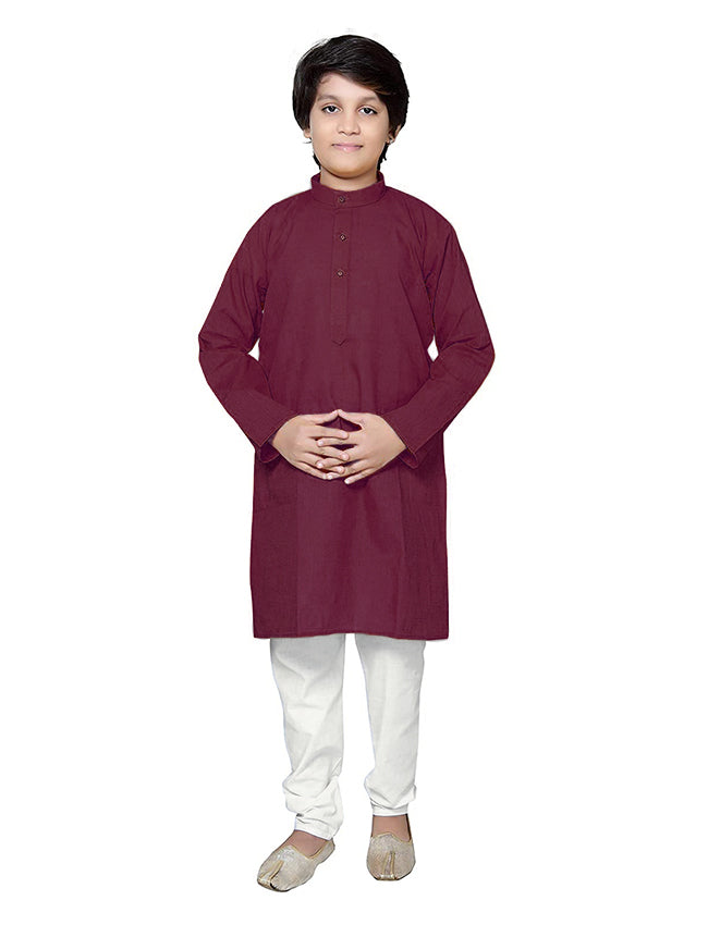 Kids Plain Cotton Kurta Pyjama - Maroon