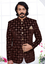 Brown Mirror Work Velvet Jodhpuri (Only Jacket)