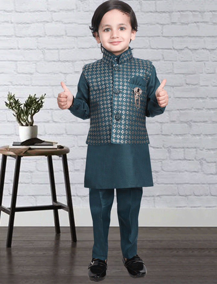 Teal Kurta Pajama With Printed Jacket