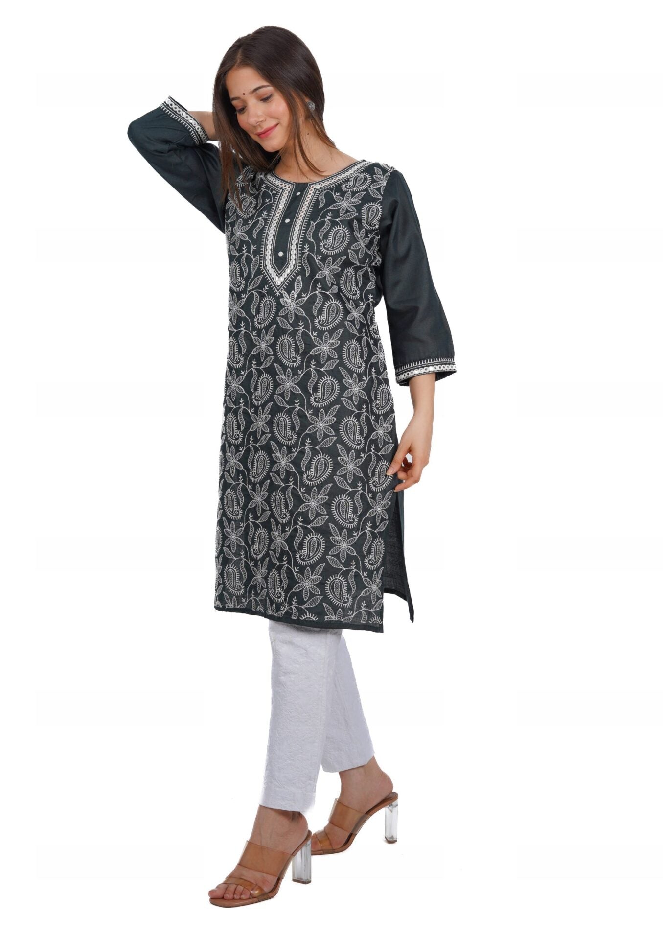 Grey Lucknowi Kurti Women