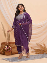 Purple Silver Embroidered Kurti Set