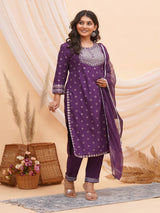 Purple Silver Embroidered Kurti Set