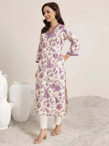 V Neck Embroidered Viscose Rayon Purple Kurta