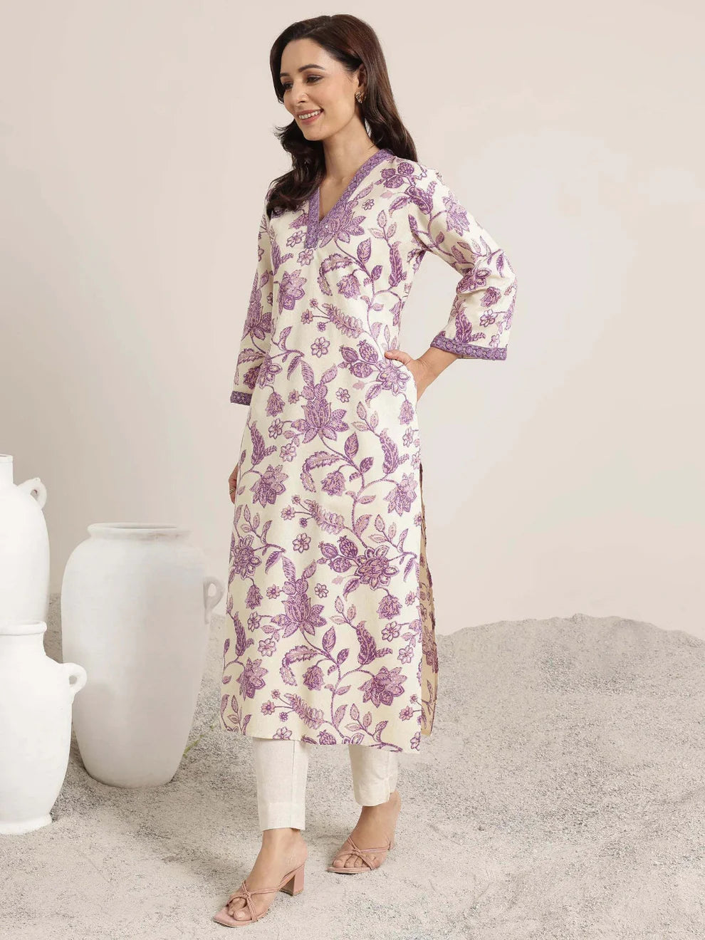 V Neck Embroidered Viscose Rayon Purple Kurta