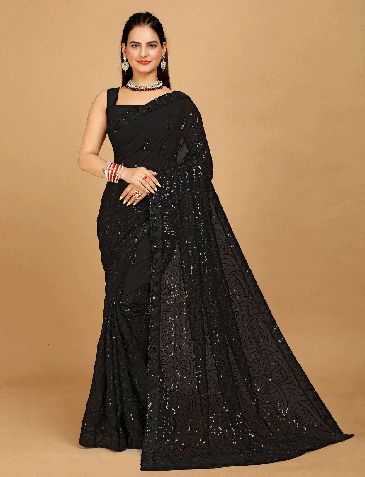 Sequins Designer Black Saree