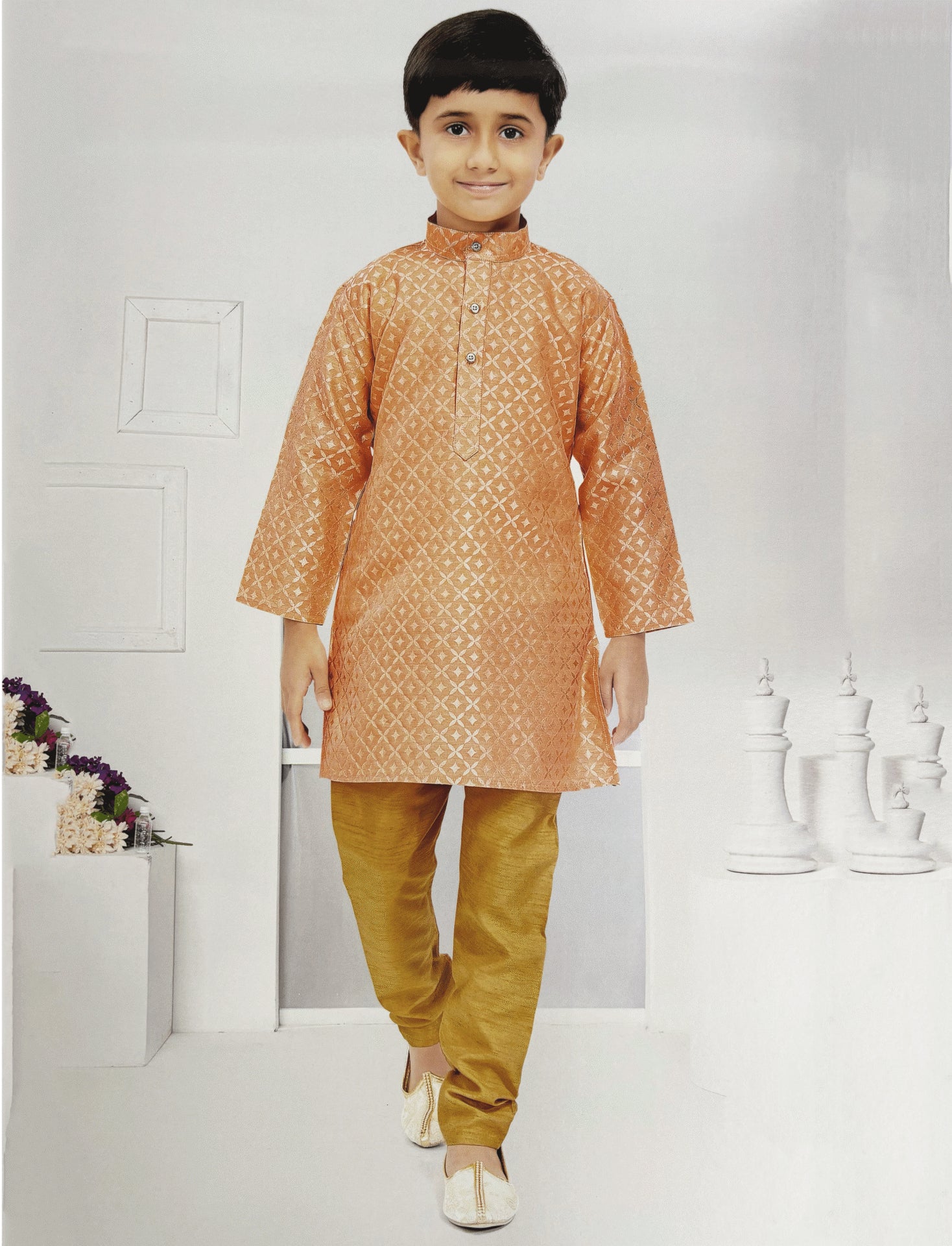 Orange Brocade Kurta Pajama Kids