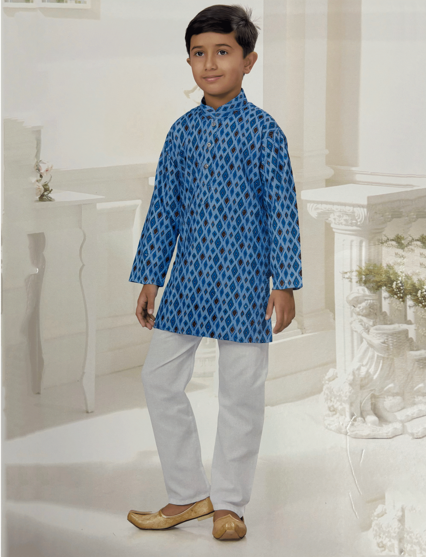 Blue Cotton Printed Kurta Pajama Kids