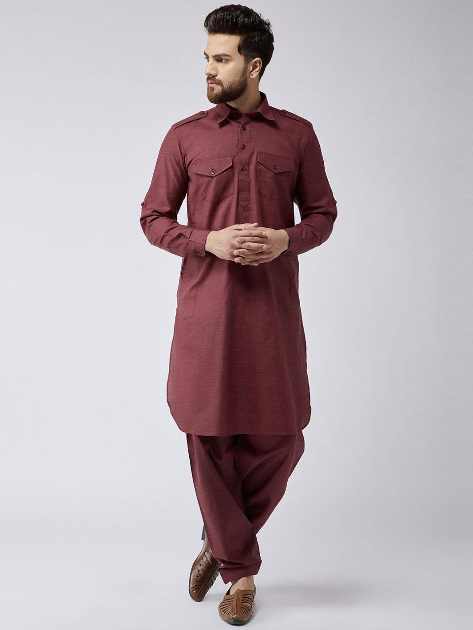 Pathani Collar Kurta Pajama For Men Maroon