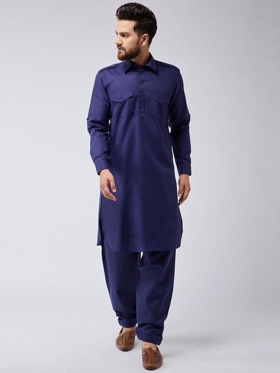 Cotton Pathani Collar Kurta Pajama For Men Blue