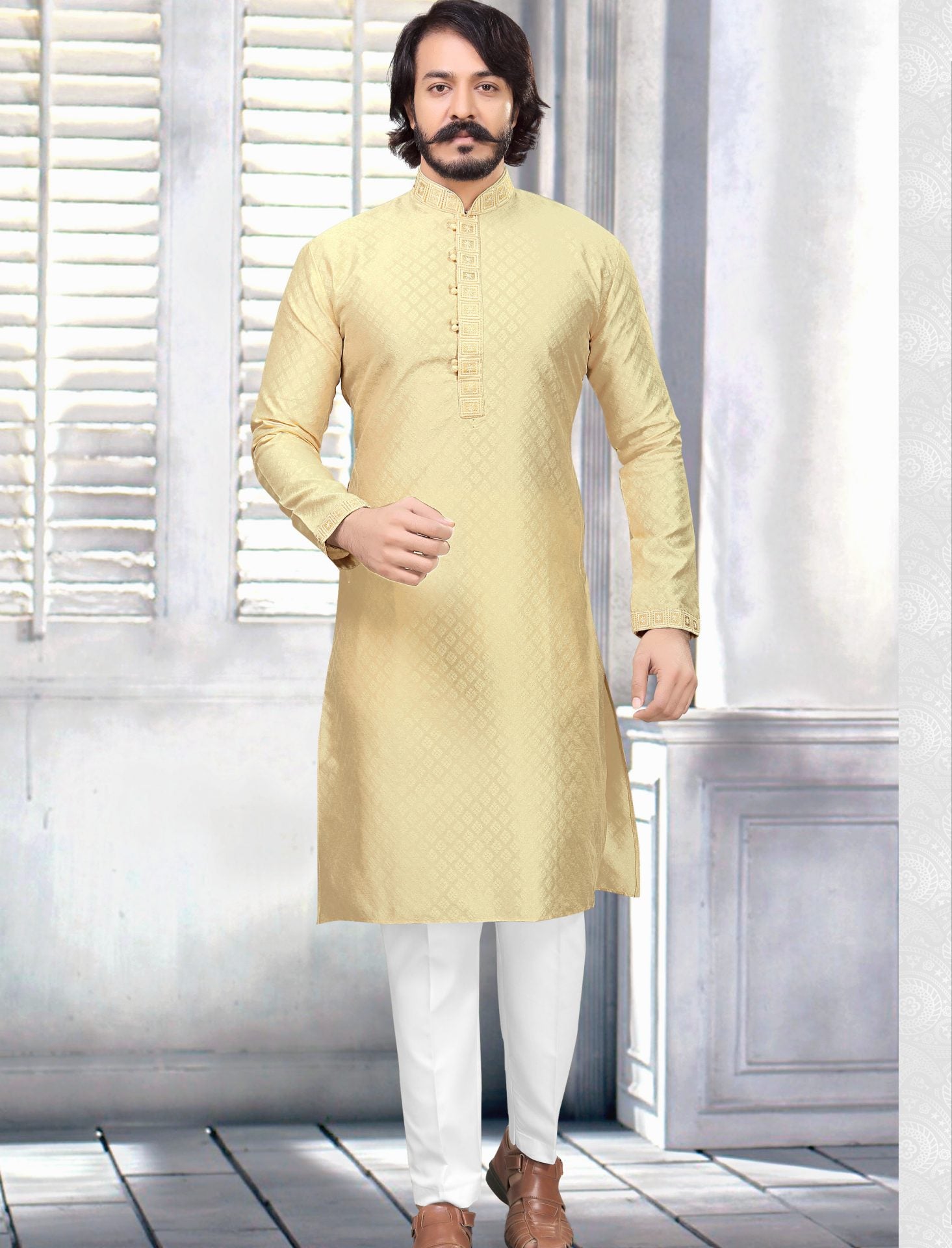Printed Silk Kurta Pajama for Men - Golden Yellow | IndiFeels Australia