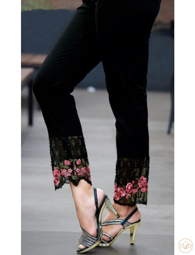 Straight Pant With Net And Floral Detailing - Black