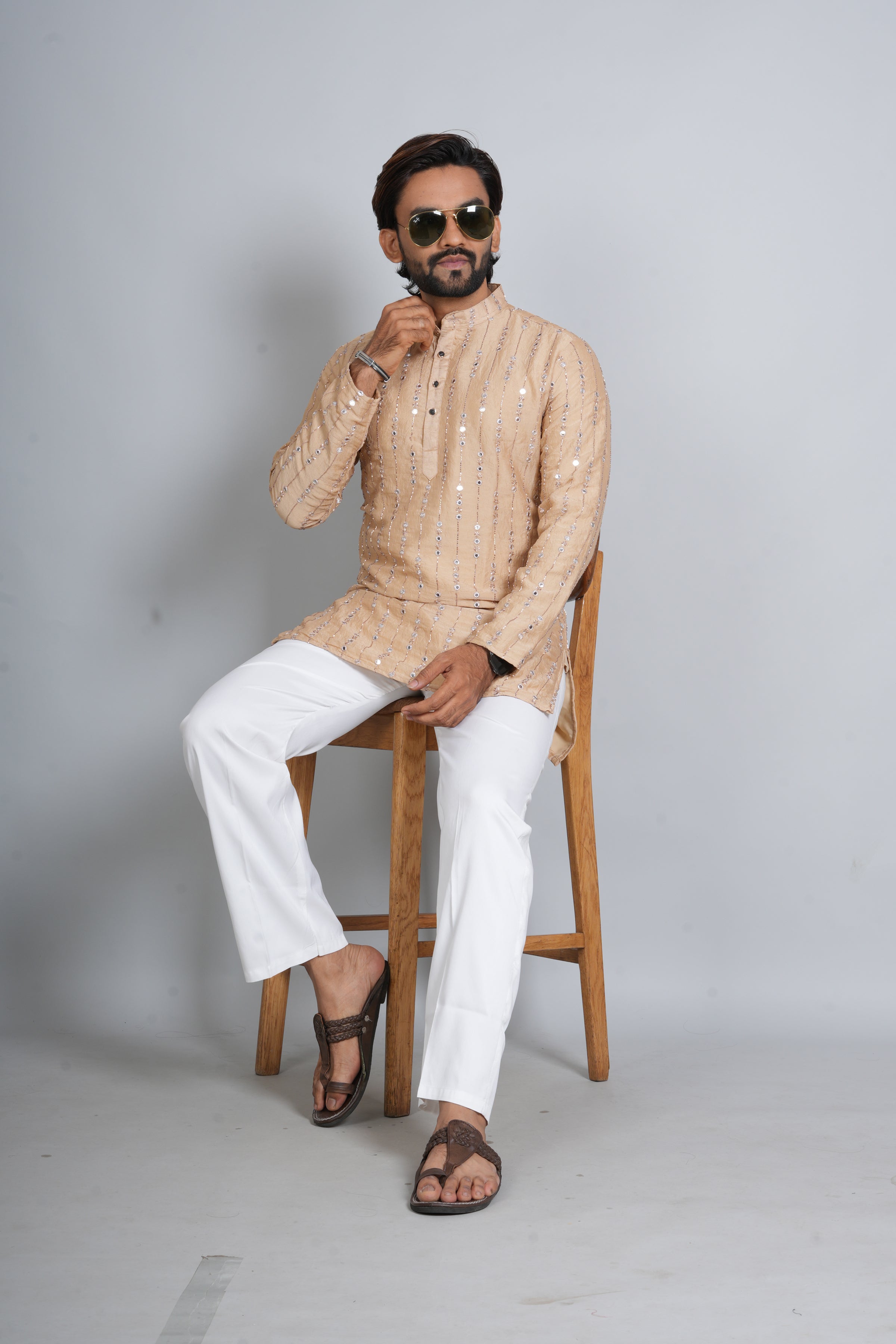 Heavy Golden Short Kurta Pajama
